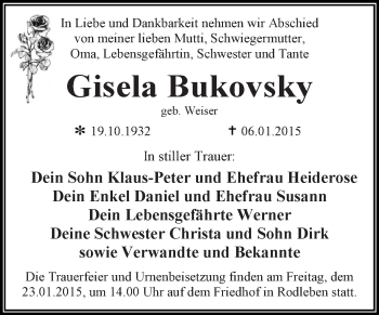Traueranzeige von Gisela Bukovsky von WVG - Wochenspiegel Dessau / Köthen