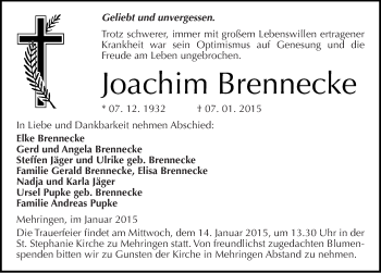 Traueranzeige von Joachim Brennecke von Mitteldeutsche Zeitung Aschersleben