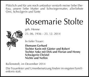 Traueranzeige von Rosemarie Stolte von Mitteldeutsche Zeitung Quedlinburg