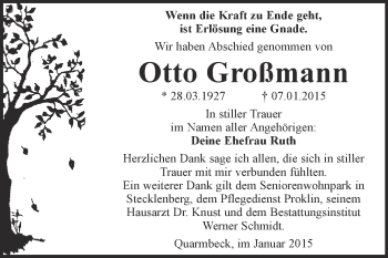 Traueranzeige von Otto Großmann von WVG - Wochenspiegel Quedlinburg
