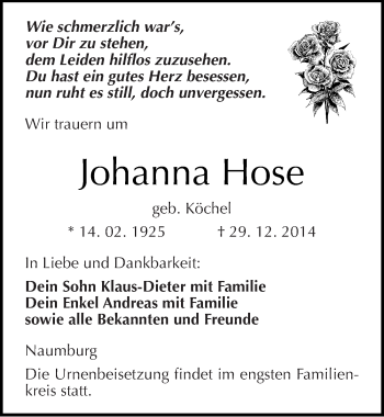 Traueranzeige von Johanna Hose von Mitteldeutsche Zeitung Naumburg/Nebra