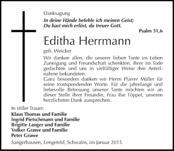 Traueranzeige von Editha Herrmann von Mitteldeutsche Zeitung Sangerhausen
