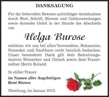 Traueranzeige von Helga Burose von Super Sonntag Bernburg