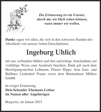 Traueranzeige von Ingeburg Uhlich von WVG - Wochenspiegel Wittenberg