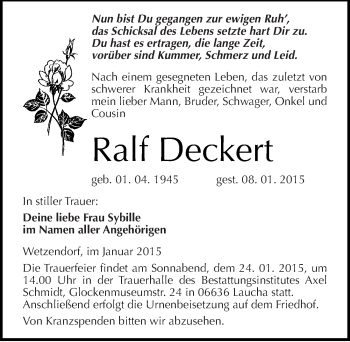 Traueranzeige von Ralf Deckert von Mitteldeutsche Zeitung Naumburg/Nebra
