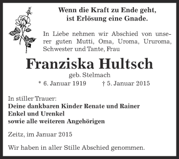 Traueranzeige von Franziska Hultsch von Super Sonntag Zeitz