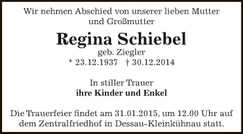 Traueranzeige von Regina Schiebel von WVG - Wochenspiegel Dessau / Köthen