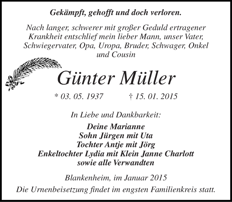  Traueranzeige für Günter Müller vom 20.01.2015 aus Mitteldeutsche Zeitung Sangerhausen