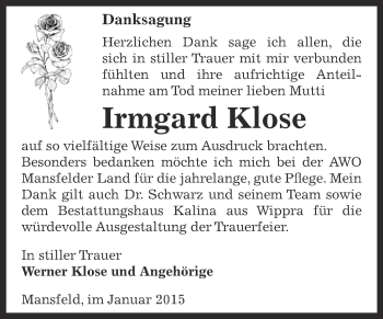 Traueranzeige von Irmgard Klose von Wochenspiegel Mansfelder Land