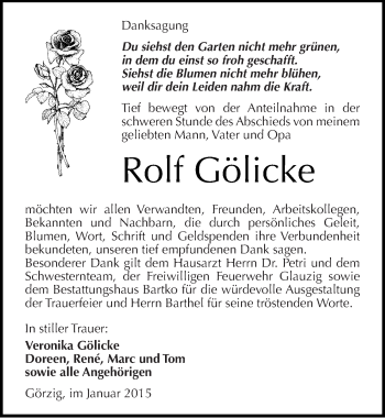 Traueranzeige von Rolf Gölicke von Mitteldeutsche Zeitung Köthen