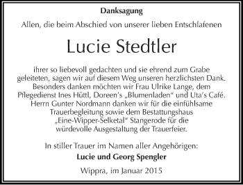Traueranzeige von Lucie Stedtler von Mitteldeutsche Zeitung Mansfelder Land