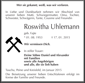 Traueranzeige von Roswitha Uhlemann von Mitteldeutsche Zeitung Weißenfels