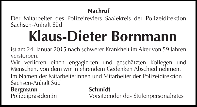  Traueranzeige für Klaus-Dieter Bornmann vom 31.01.2015 aus Mitteldeutsche Zeitung Merseburg/Querfurt