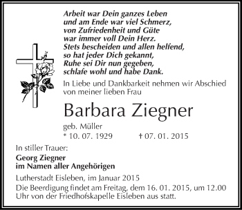 Traueranzeige von Barbara Ziegner von Mitteldeutsche Zeitung Mansfelder Land