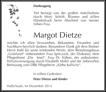 Traueranzeige von Margot Dietze von Mitteldeutsche Zeitung Halle/Saalkreis