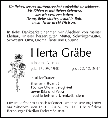 Traueranzeige von Herta Gräbe von Mitteldeutsche Zeitung Bernburg