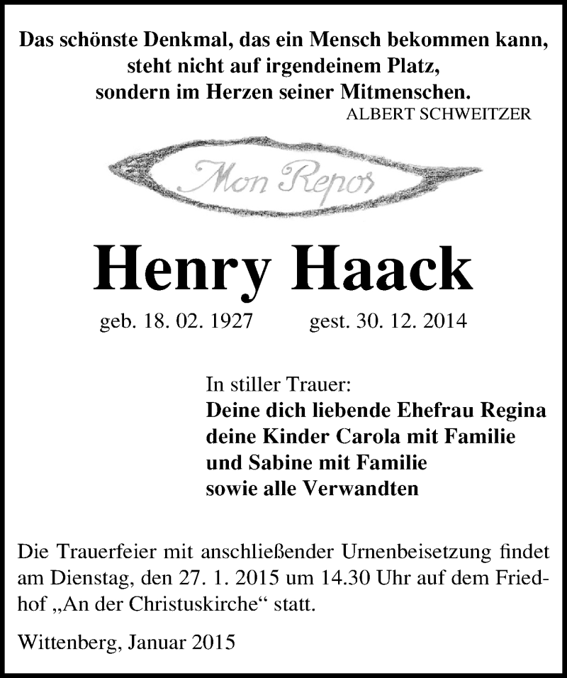  Traueranzeige für Henry Haack vom 17.01.2015 aus Mitteldeutsche Zeitung Wittenberg