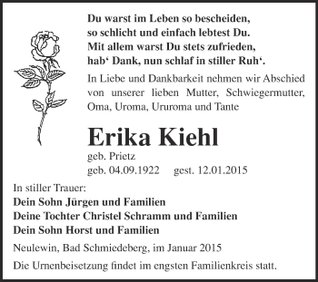 Traueranzeige von Erika Kiehl von WVG - Wochenspiegel Wittenberg