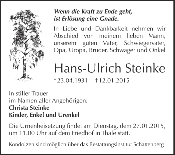 Traueranzeige von Hans-Ulrich Steinke von Super Sonntag Quedlinburg