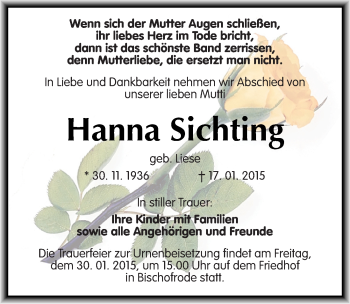 Traueranzeige von Hanna Sichting von Mitteldeutsche Zeitung Sangerhausen