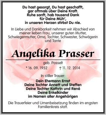 Traueranzeige von Angetika Prasser von Mitteldeutsche Zeitung Bitterfeld