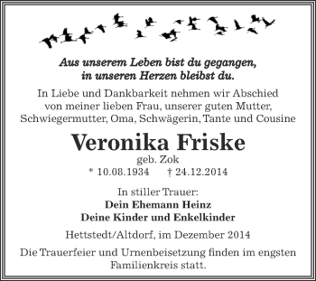 Traueranzeige von Veronika Friske von Wochenspiegel Mansfelder Land