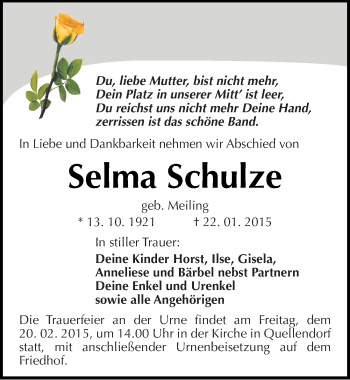 Traueranzeige von Selma Schulze von Mitteldeutsche Zeitung Köthen