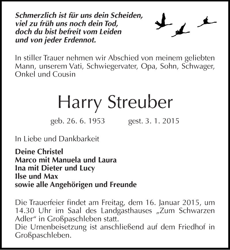  Traueranzeige für Harry Streuber vom 10.01.2015 aus Mitteldeutsche Zeitung Köthen