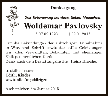 Traueranzeige von Woldemar Pavlovsky von Super Sonntag Aschersleben