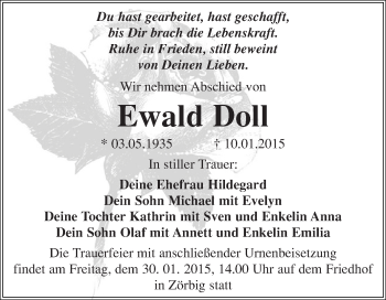 Traueranzeige von Ewald Doll von Super Sonntag Dessau / Köthen