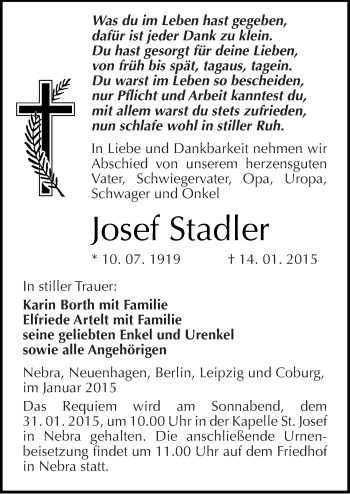 Traueranzeige von Josef Stadler von Mitteldeutsche Zeitung Naumburg/Nebra