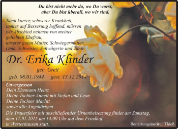 Traueranzeige von Erika Minder von Super Sonntag Quedlinburg