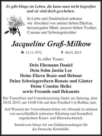 Traueranzeige von Jacqueline Graß-Milkow von WVG - Wochenspiegel Dessau / Köthen
