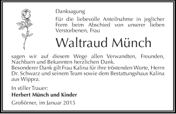 Traueranzeige von Waltraud Münch von Mitteldeutsche Zeitung Mansfelder Land
