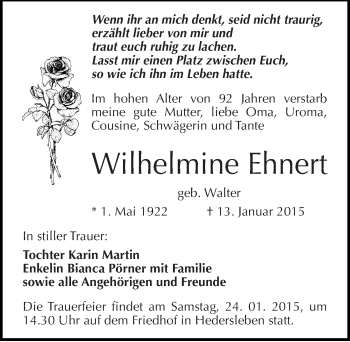 Traueranzeige von Wilhelmine Ehnert von Mitteldeutsche Zeitung Mansfelder Land