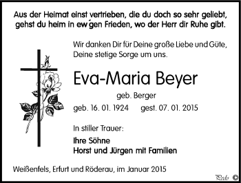 Traueranzeige von Eva-Maria Beyer von Mitteldeutsche Zeitung Weißenfels