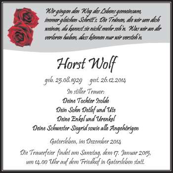 Traueranzeige von Horst Wolf von Super Sonntag Aschersleben