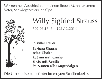 Traueranzeige von Willy Sigfried Strauss von WVG - Wochenspiegel NMB / WSF / ZTZ