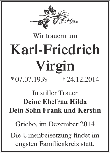 Traueranzeige von Karl-Friedrich Virgin von Super Sonntag Wittenberg