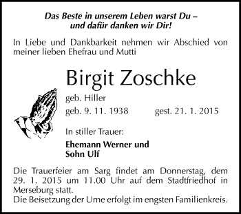 Traueranzeige von Birgit Zoschke von WVG - Wochenspiegel Merseburg
