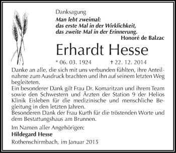 Traueranzeige von Erhardt Hesse von Mitteldeutsche Zeitung Mansfelder Land