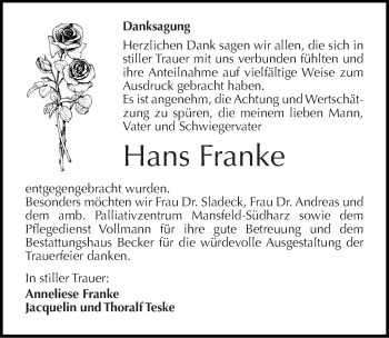 Traueranzeige von Hans Franke von Mitteldeutsche Zeitung Sangerhausen