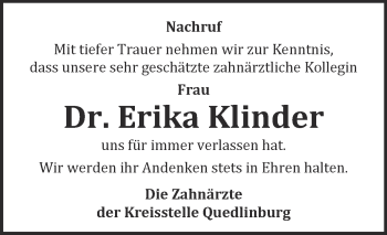 Traueranzeige von Erika Klinder von WVG - Wochenspiegel Quedlinburg