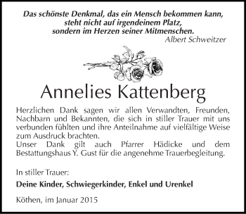 Traueranzeige von Annelies Kattenberg von Mitteldeutsche Zeitung Köthen