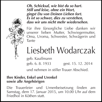 Traueranzeige von Liesbeth Wodarczak von WVG - Wochenspiegel Dessau / Köthen