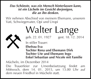 Traueranzeige von Walter Lange von Mitteldeutsche Zeitung Merseburg/Querfurt