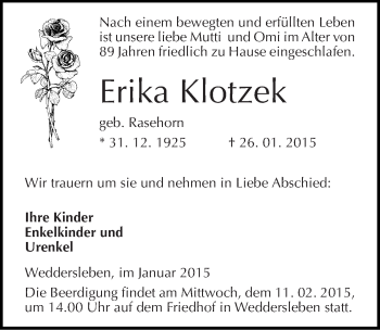Traueranzeige von Erika Klotzek von Mitteldeutsche Zeitung Quedlinburg