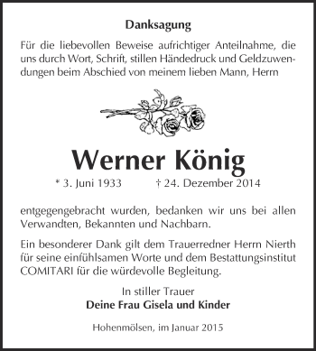 Traueranzeige von Werner König von WVG - Wochenspiegel NMB / WSF / ZTZ