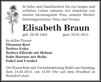 Traueranzeige von Elisabeth Braun von Mitteldeutsche Zeitung Bernburg