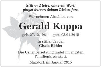 Traueranzeige von Gerald Koppa von WVG - Wochenspiegel Dessau / Köthen